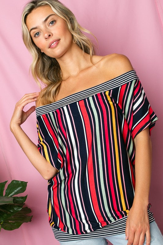 Multi Stripe Off Shoulder Top-Plus