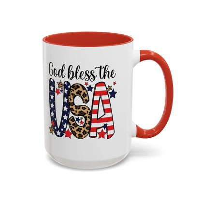 God Bless the USA Accent Coffee Mug – Patriotic Stars & Leopard 11/15oz