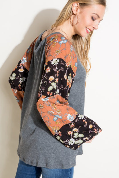 Floral Mixed Puff Long Sleeve Top-Plus