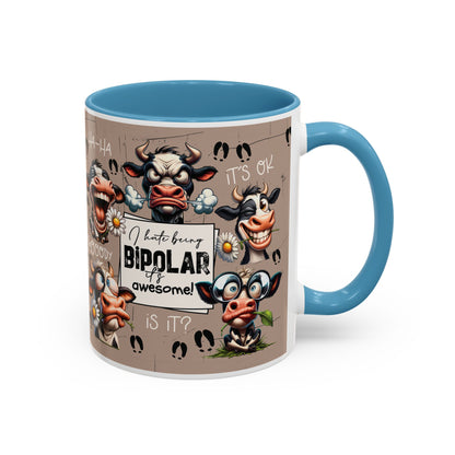 Bipolar Cow Funny Accent Coffee Mug — Humorous Mood-Flip Cow (11oz)