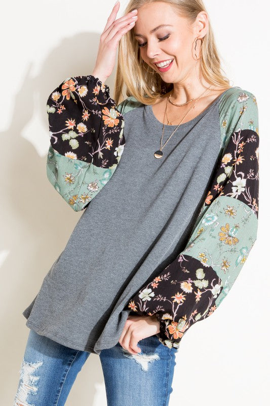 Floral Mixed Puff Long Sleeve Top