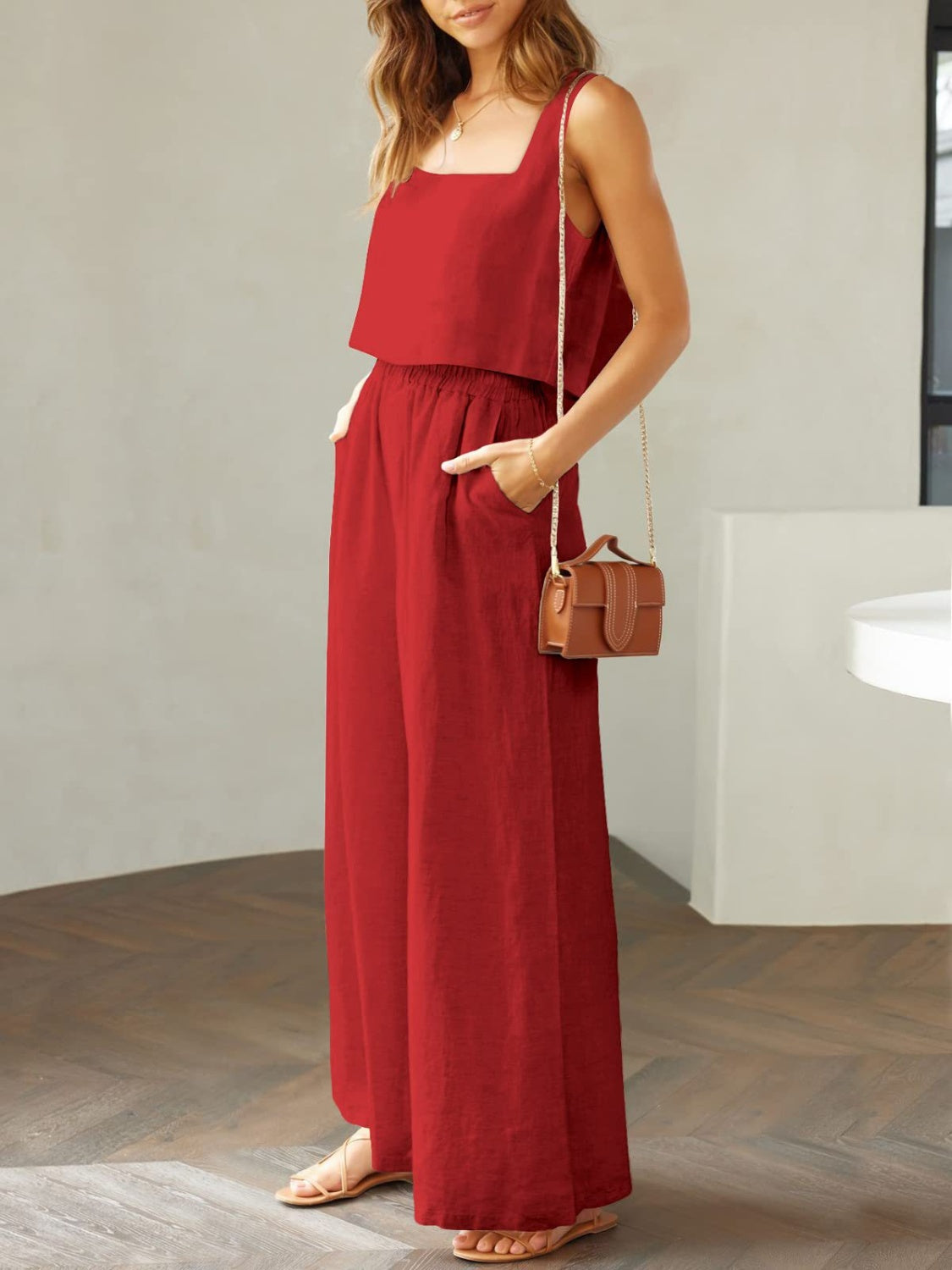 Square Neck Top and Wide Leg Pants Set