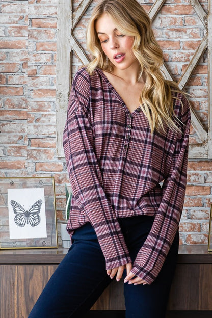 Heimish Plaid V-Neck Long Sleeve Top