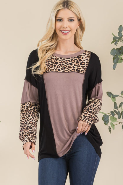 Celeste Leopard Color Block Exposed Seam T-Shirt