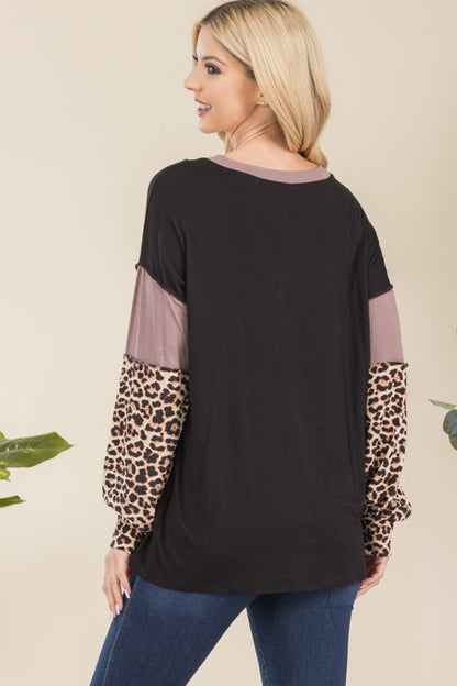 Celeste Leopard Color Block Exposed Seam T-Shirt