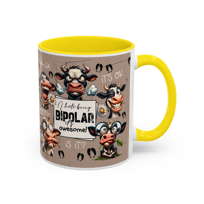 Bipolar Cow Funny Accent Coffee Mug — Humorous Mood-Flip Cow (11oz)