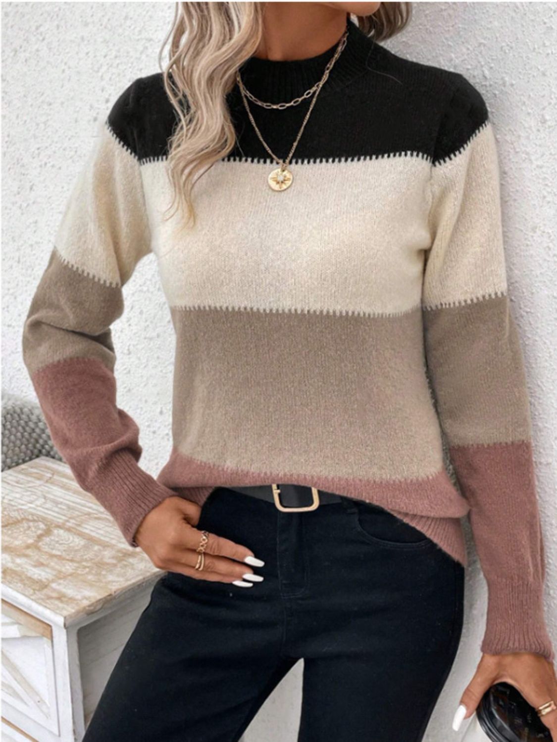 Color Block Mock Neck Sweater