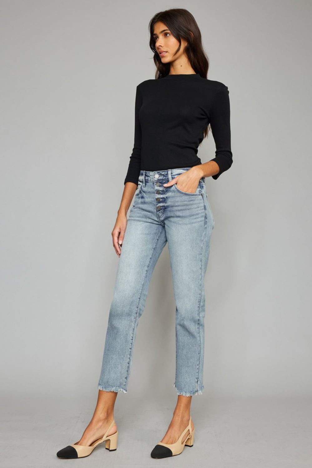 KanCan High Waist Button Fly Raw Hem Cropped Straight Jeans