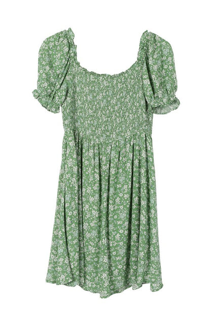 Green Floral Puff Sleeve Dress