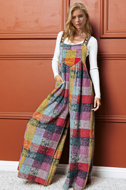 Double Take Plaid Sleeveless Fleece Wide Leg Jumpsuit