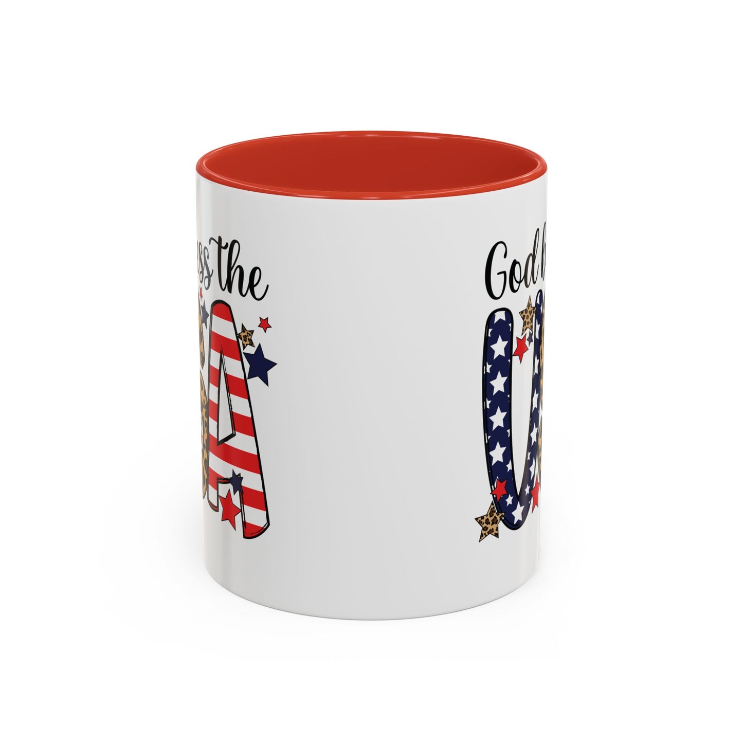 God Bless the USA Accent Coffee Mug – Patriotic Stars & Leopard 11/15oz