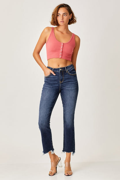 Risen Frayed Hem Cropped Straight Jeans