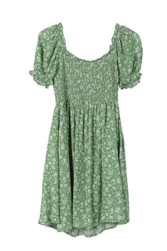 Green Floral Puff Sleeve Dress