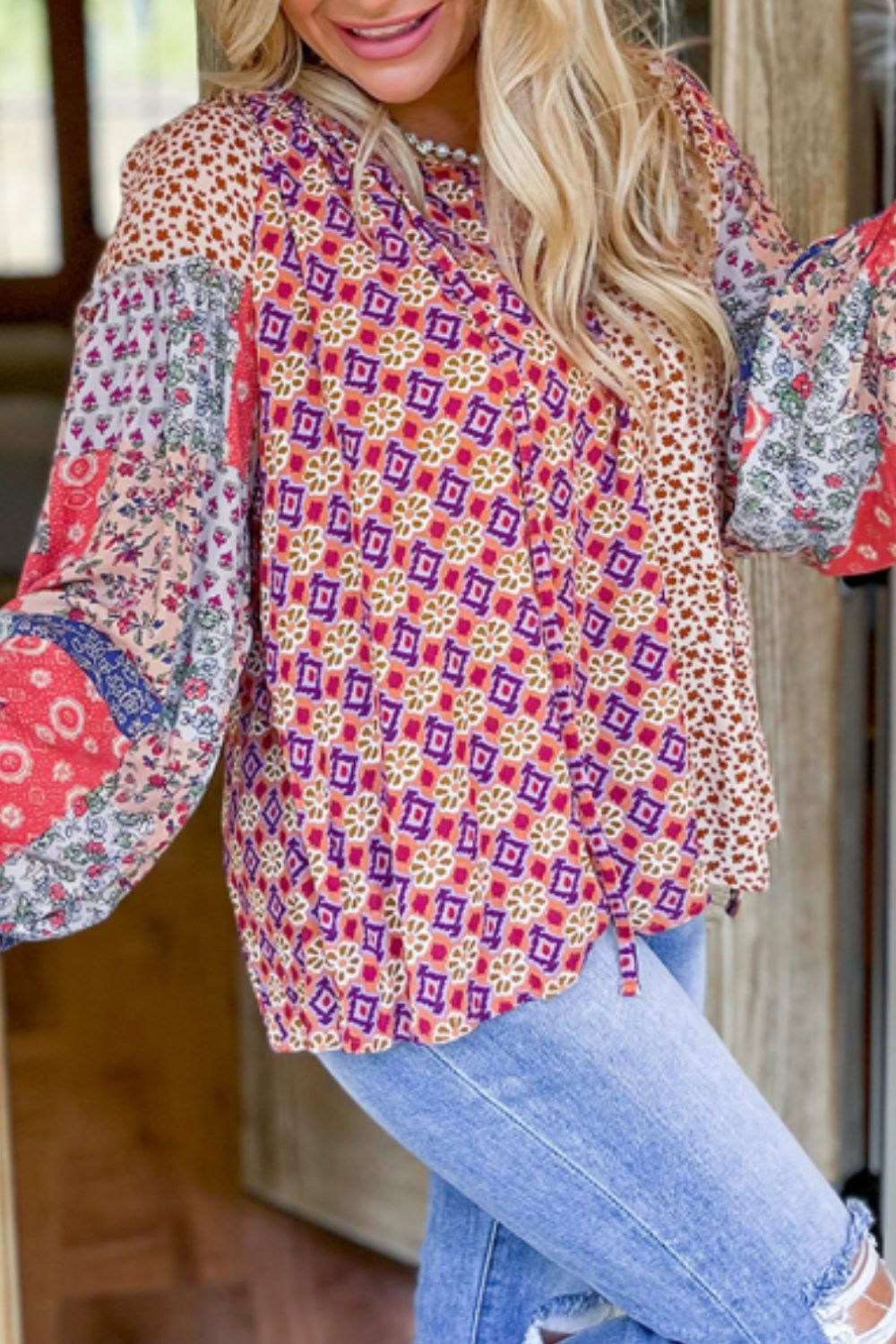 Multi Print Long Sleeve Blouse