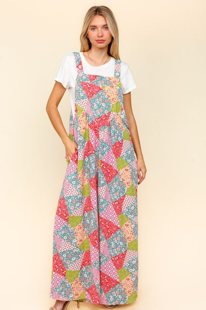 Haptics Printed Wide Leg Overalls with Side Pockets