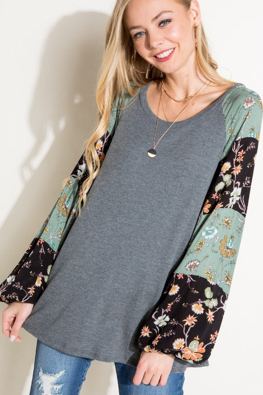 Floral Mixed Puff Long Sleeve Top