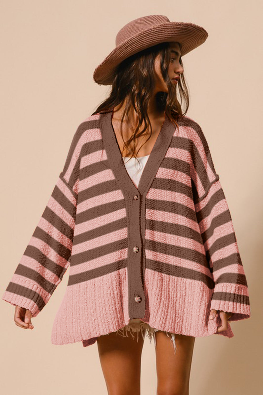 BiBi Striped V-Neck Button Up Cardigan