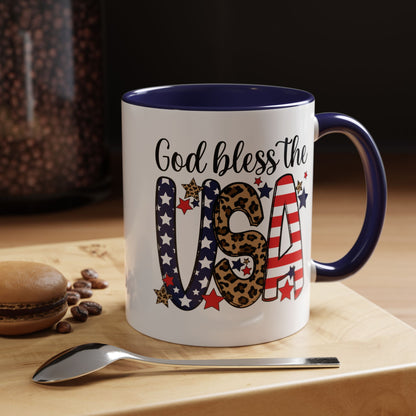 God Bless the USA Accent Coffee Mug – Patriotic Stars & Leopard 11/15oz