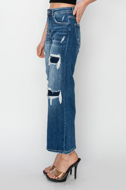 Risen High Rise Patch Detailed Wide Leg Crop Jeans