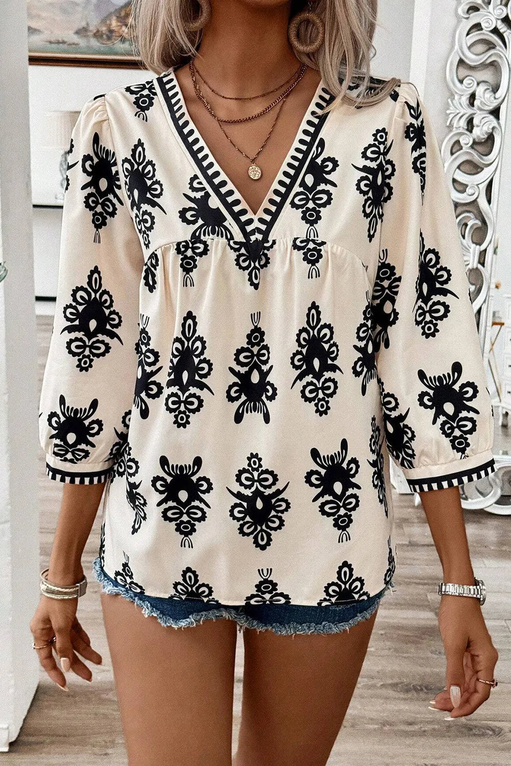 Boho Printed V-Neck Blouse