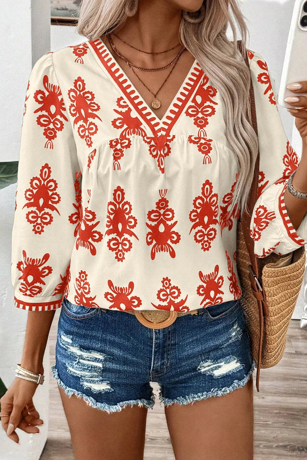 Boho Printed V-Neck Blouse