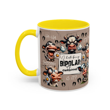 Bipolar Cow Funny Accent Coffee Mug — Humorous Mood-Flip Cow (11oz)