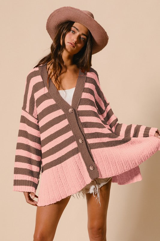 BiBi Striped V-Neck Button Up Cardigan