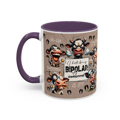 Bipolar Cow Funny Accent Coffee Mug — Humorous Mood-Flip Cow (11oz)