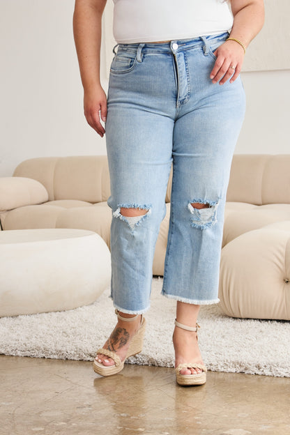 RFM Tummy Control High Waist Raw Hem Distressed Jeans