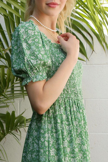 Green Floral Puff Sleeve Dress