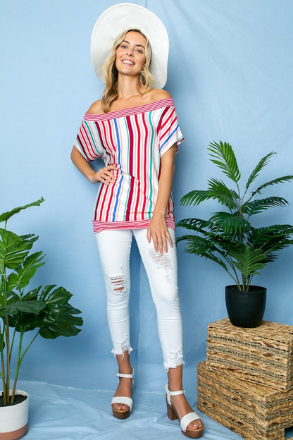 Multi Stripe Off Shoulder Top-Plus