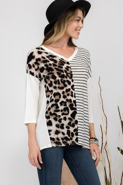 Celeste Leopard and Striped Print V-Neck Tee