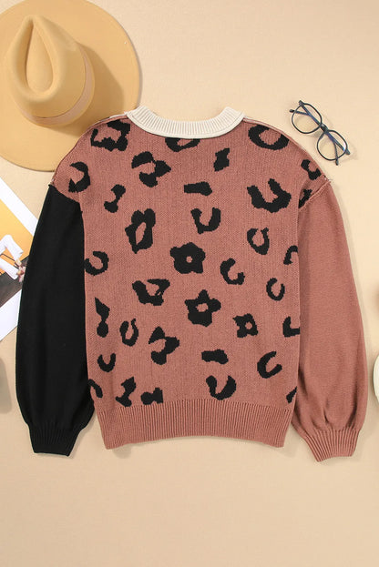 Leopard Round Neck Balloon Sleeve Sweater