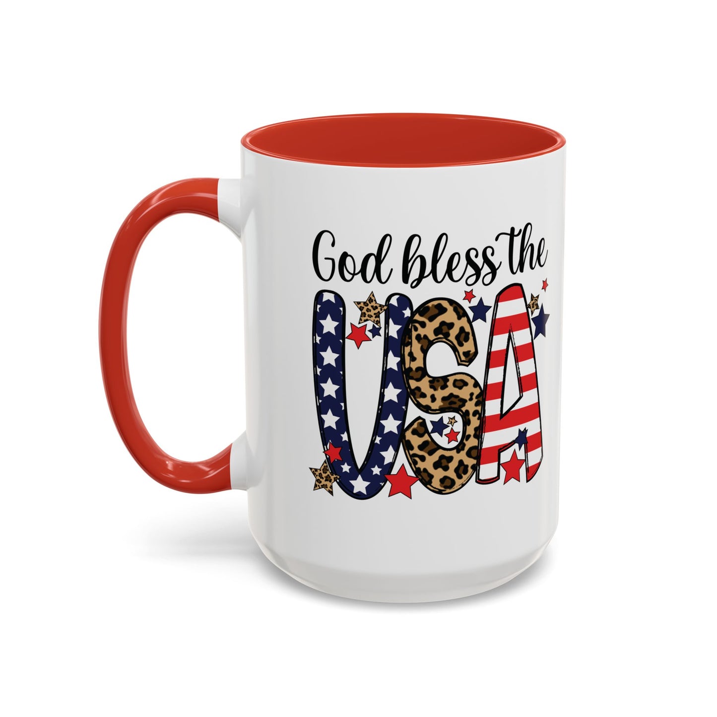 God Bless the USA Accent Coffee Mug – Patriotic Stars & Leopard 11/15oz