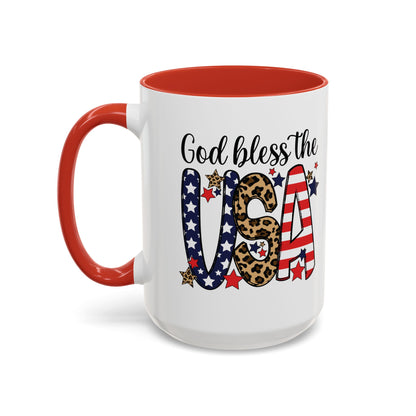 God Bless the USA Accent Coffee Mug – Patriotic Stars & Leopard 11/15oz