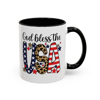 God Bless the USA Accent Coffee Mug – Patriotic Stars & Leopard 11/15oz