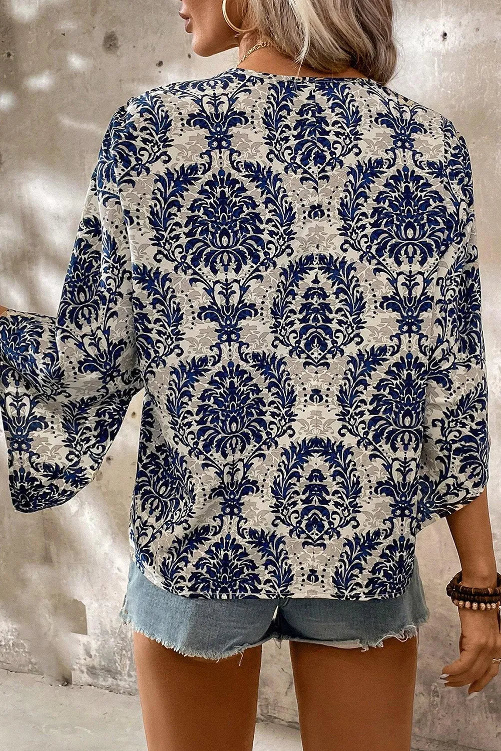 Blue Vintage Print Three-Quarter Sleeve Blouse