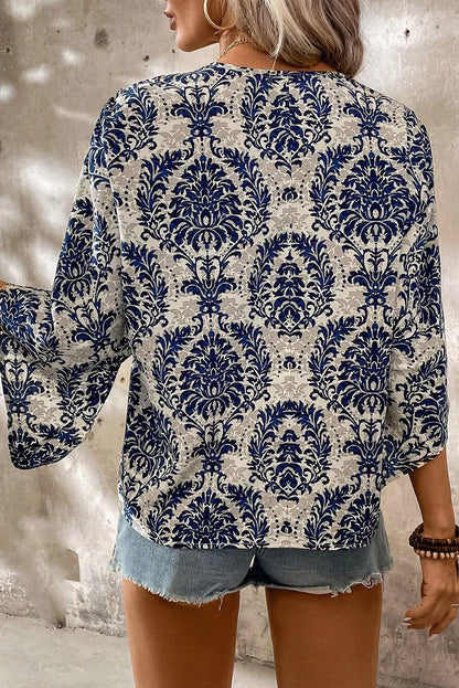 Blue Vintage Print Three-Quarter Sleeve Blouse