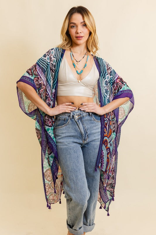 Paisley Printed Open Front Kimono w/ Cinched Arms