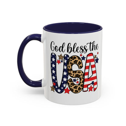 God Bless the USA Accent Coffee Mug – Patriotic Stars & Leopard 11/15oz