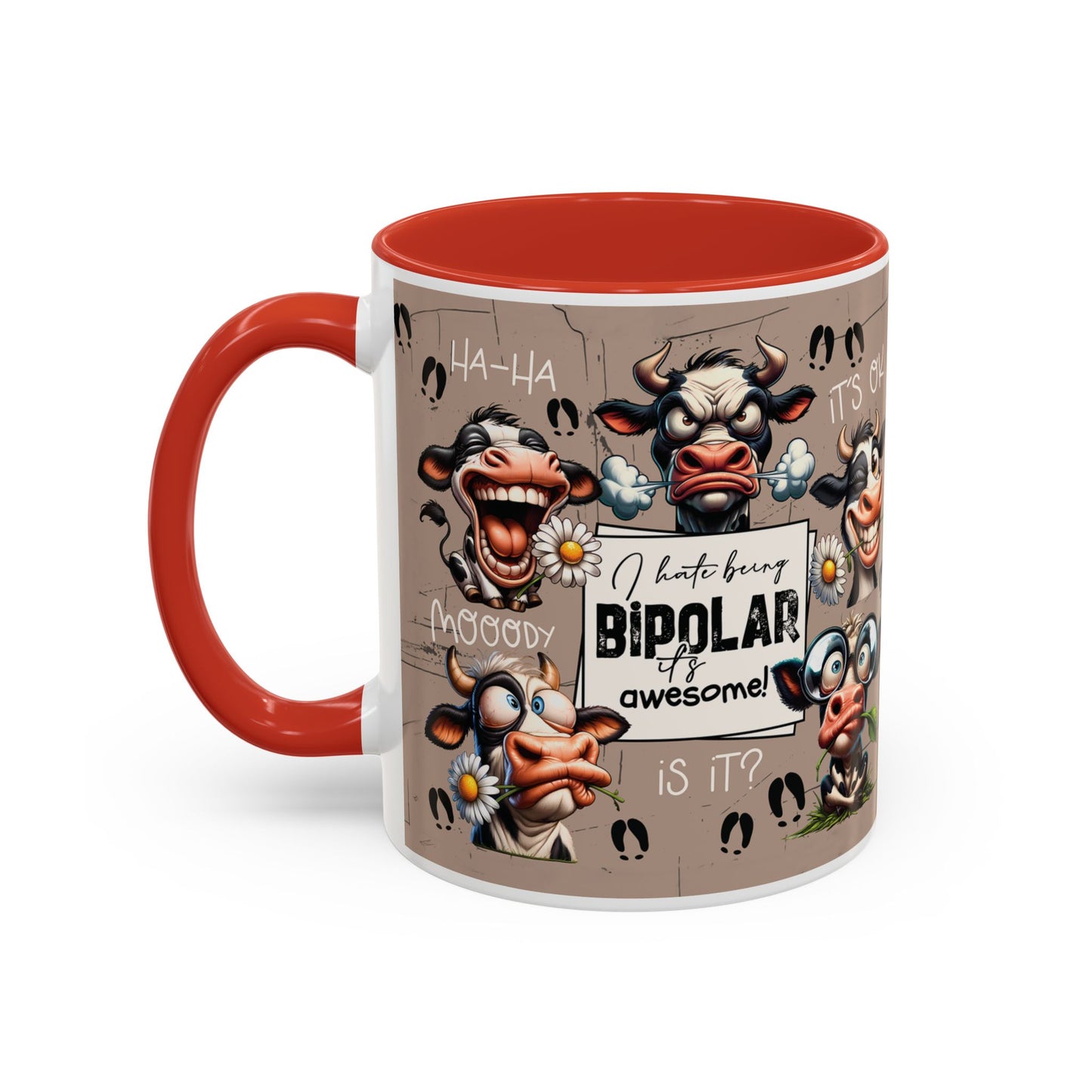 Bipolar Cow Funny Accent Coffee Mug — Humorous Mood-Flip Cow (11oz)