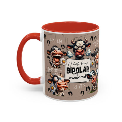 Bipolar Cow Funny Accent Coffee Mug — Humorous Mood-Flip Cow (11oz)