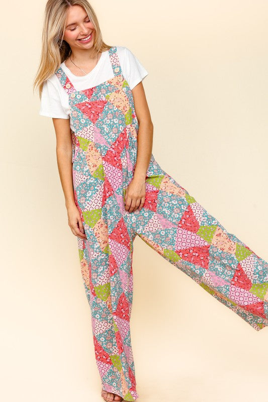 Haptics Printed Wide Leg Overalls with Side Pockets