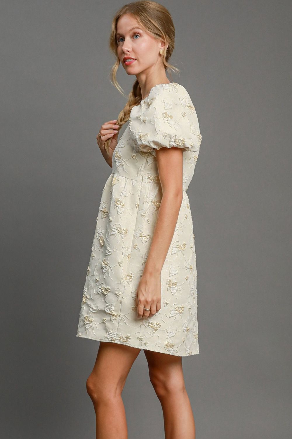 Umgee Heart Jacquard Puff Sleeve Mini Dress