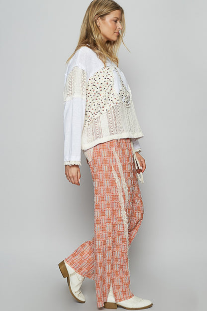 POL Lace Trim Drawstring Checkered Wide Leg Pants