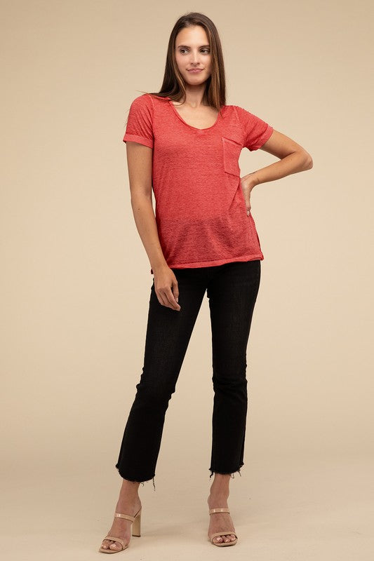 Washed Melange Burnout Scoop V-Neck Top