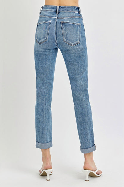 Risen High Rise Cropped Roll Up Jeans