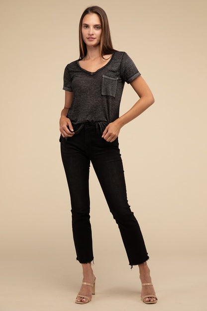 Washed Melange Burnout Scoop V-Neck Top