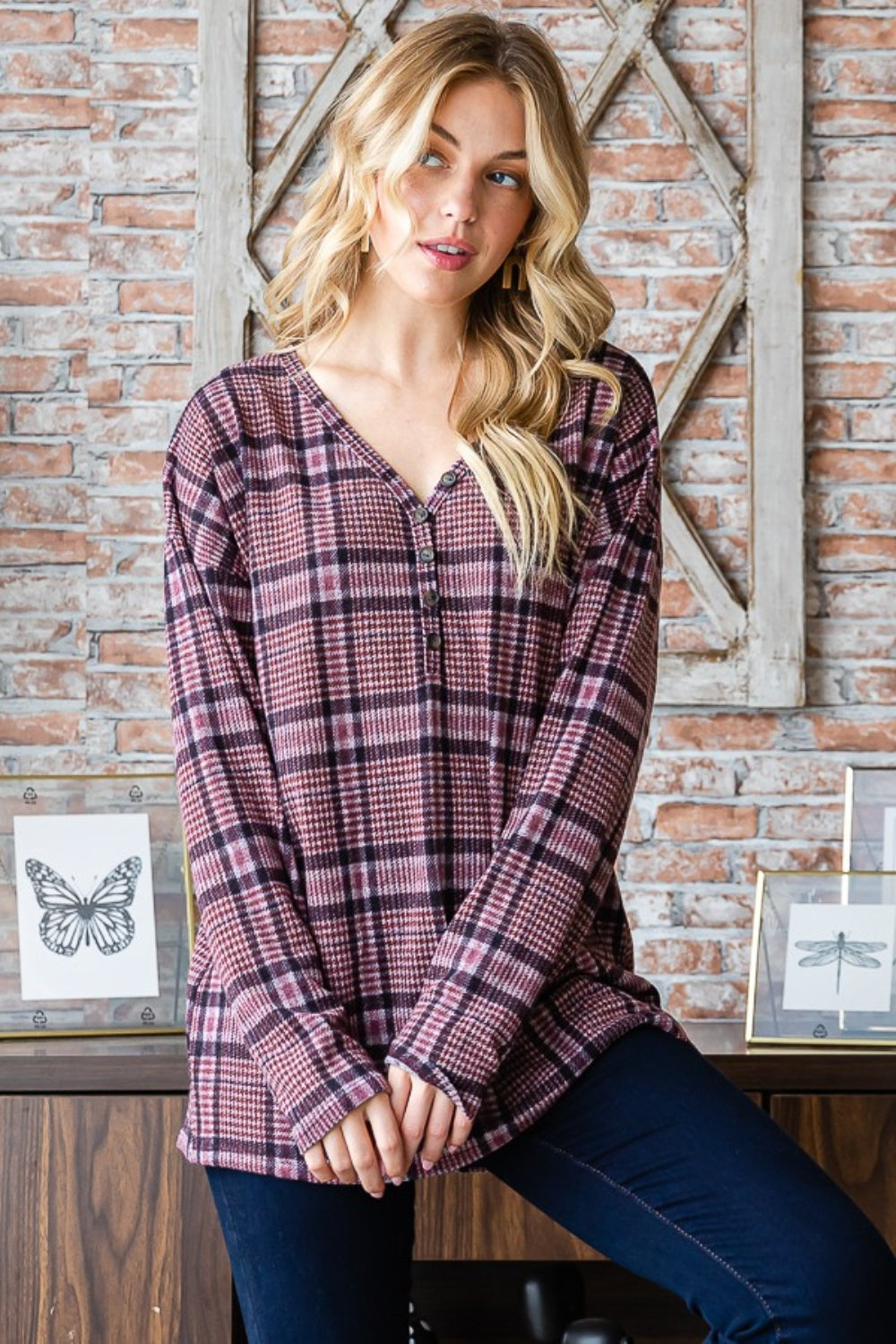 Heimish Plaid V-Neck Long Sleeve Top