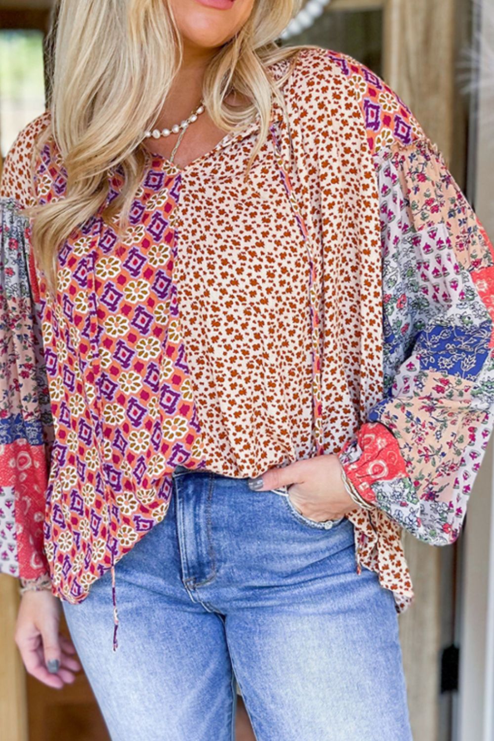 Multi Print Long Sleeve Blouse